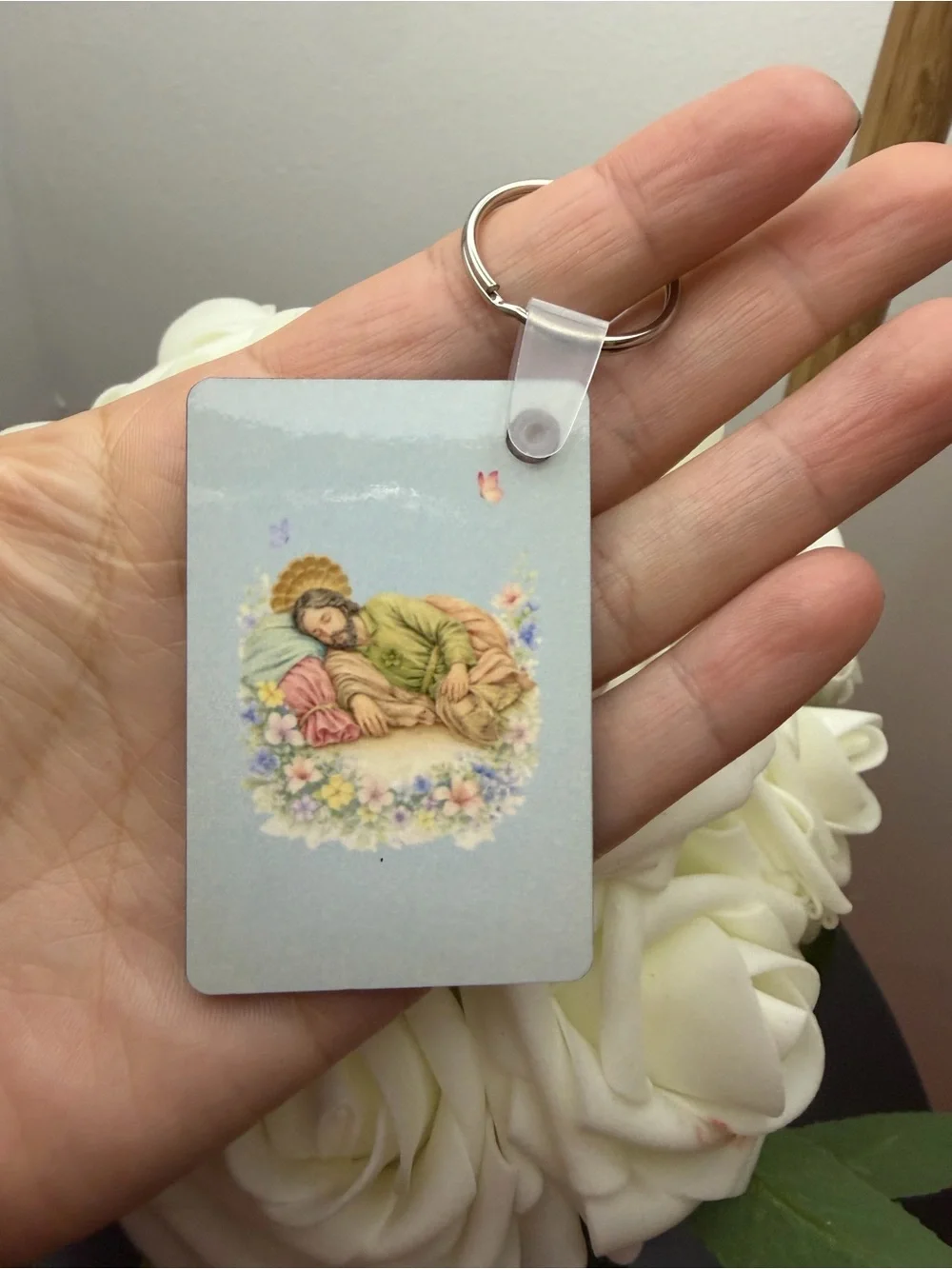 Religious Prayer Card Keychain in Pastel Blue